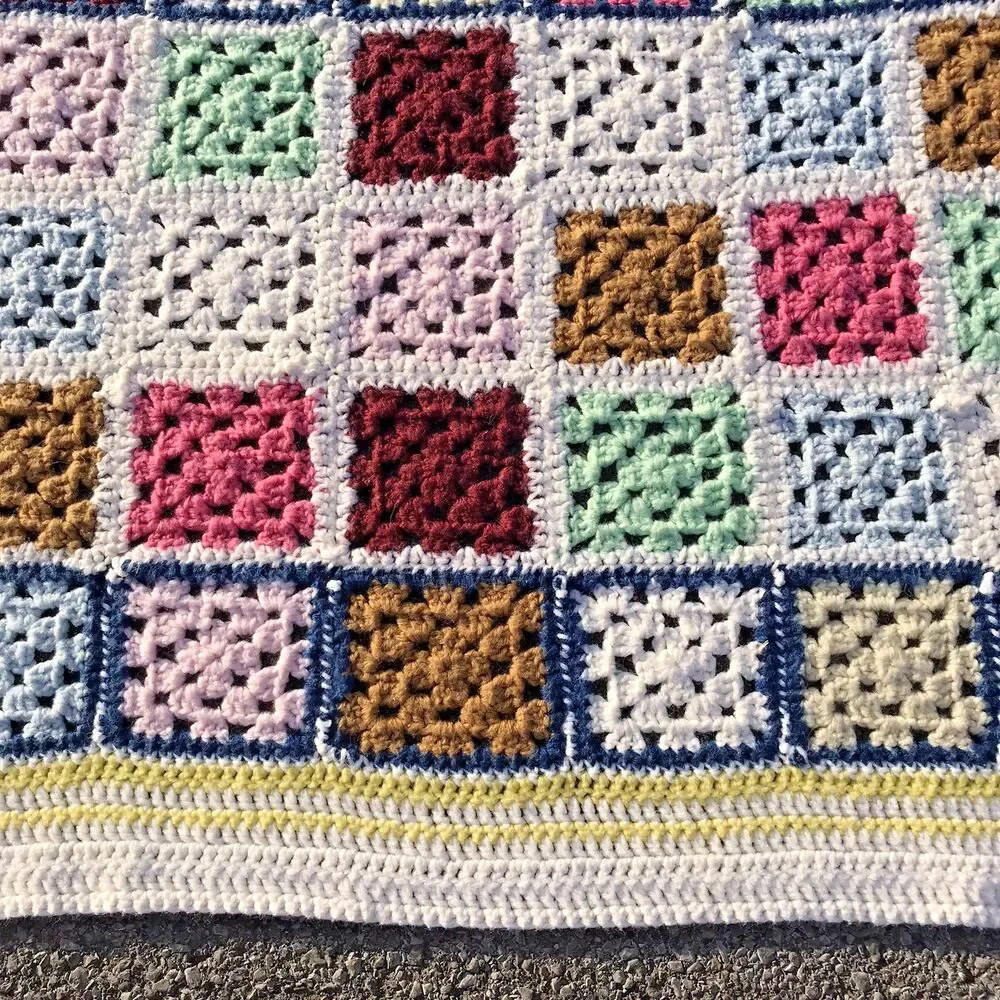 Vintage Granny Square Crochet Knit Afghan Throw Blanket Multicolor Border 4x4 ft - Picture 11 of 11